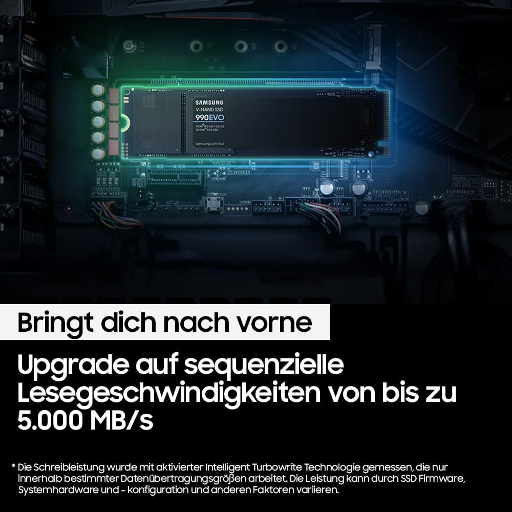 Samsung 990 EVO NVMe M.2 SSD 1 TB, PCIe 4.0 x4 / PCIe 5.0 x2, NVMe 2.0 (2280), 5.000 MB/s Lesen, 3.2