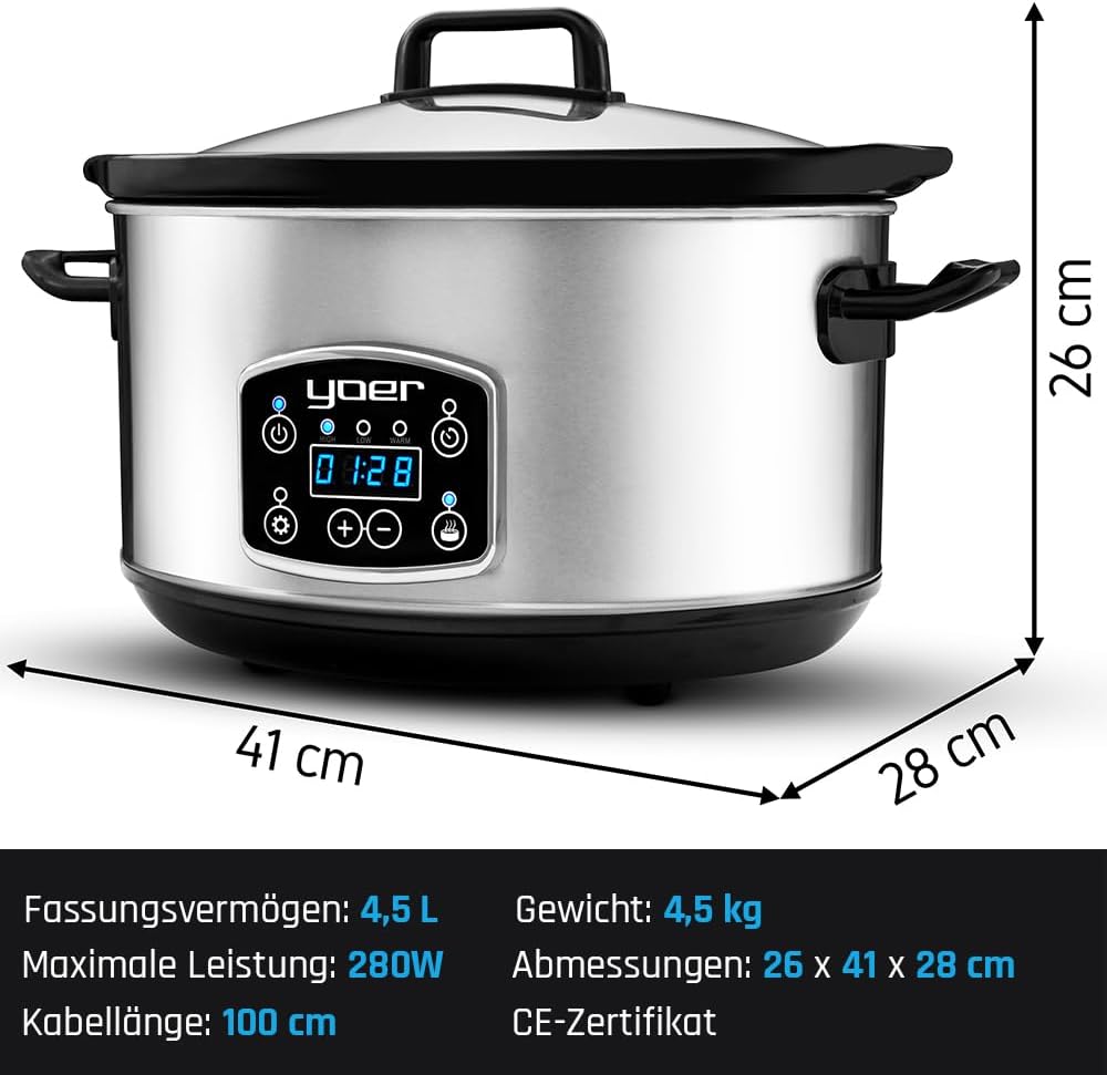 Yoer Clever-Cook SC4502S, Slow Cooker, 280W, 4,5L, Multifunktional, ECO, 16-Stunden-Timer, LCD-Displ