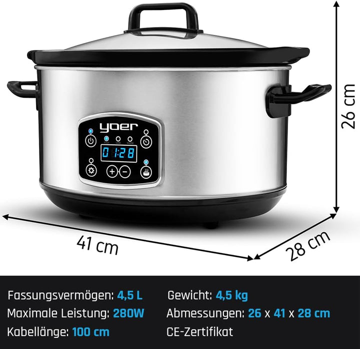 Yoer Clever-Cook SC4502S, Slow Cooker, 280W, 4,5L, Multifunktional, ECO, 16-Stunden-Timer, LCD-Displ