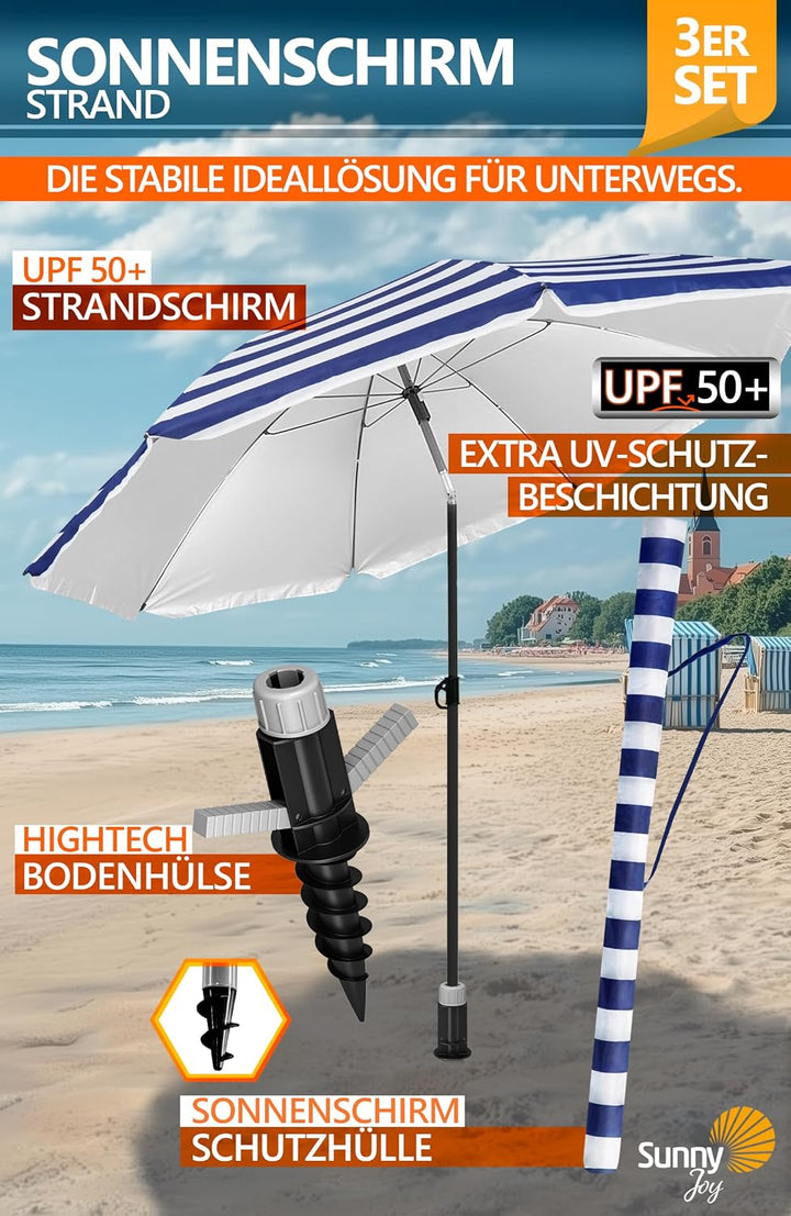 4smile Sonnenschirm Strand 3-IN-1 SET mit Bodenhülse, Ø 180 cm, Blau-Weiss | Strandschirm windfest s