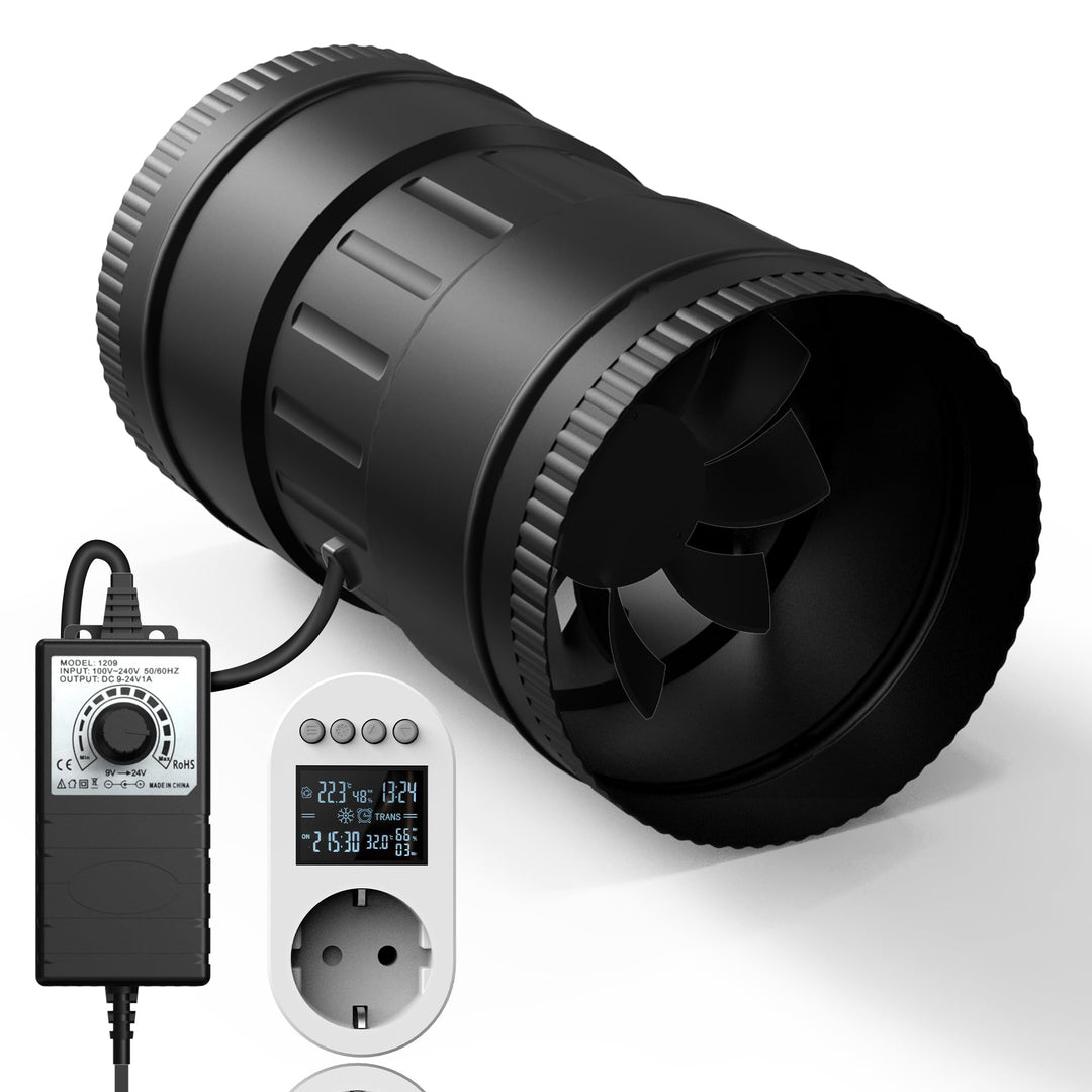 Rohrventilator 100mm, Rohrlüfter 221m³/h, EC Motor Ausgestattet Steckdose mit Timer, Verzögerung, Te
