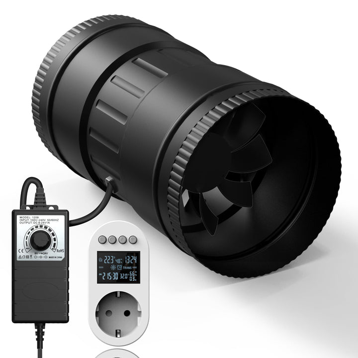Rohrventilator 100mm, Rohrlüfter 221m³/h, EC Motor Ausgestattet Steckdose mit Timer, Verzögerung, Te
