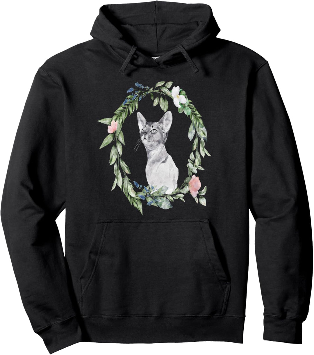 Katze Geschenk Blumenrahmen Aquarell Schwarz Pullover Hoodie