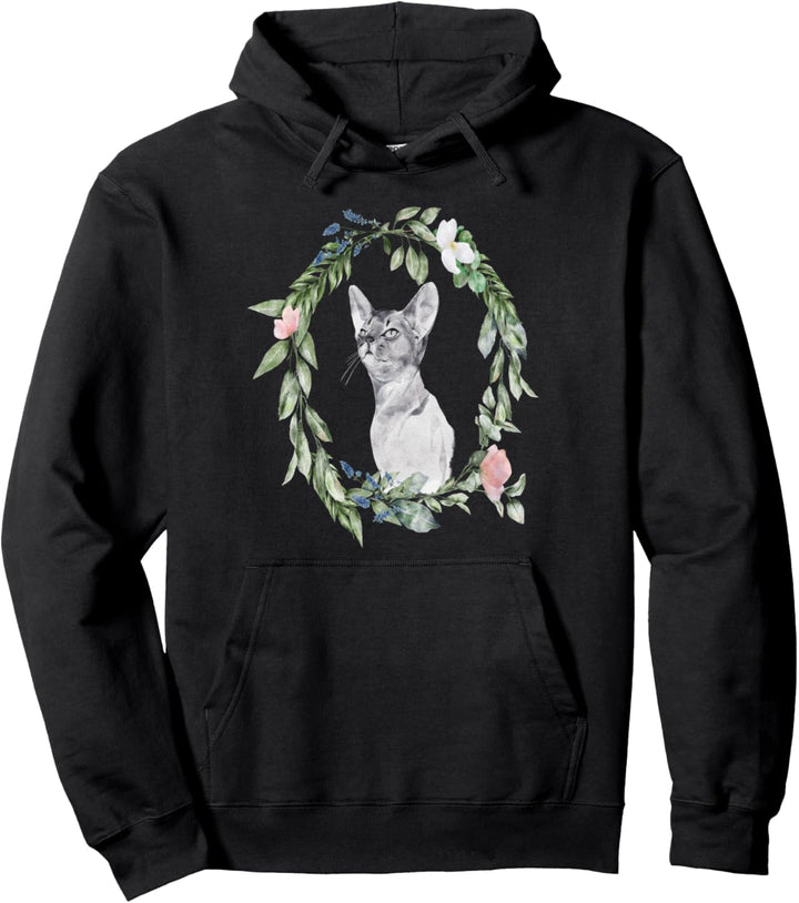 Katze Geschenk Blumenrahmen Aquarell Schwarz Pullover Hoodie