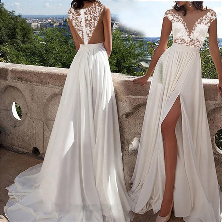 Prinzessin Trauung Kleid Damen Brautkleider A-Linie Lang Spitzen Hochzeitskleider mit Ärmel Standesa
