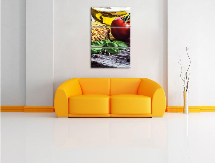 Pixxprint Spaghetti mit Tomaten und Parmesan/Format: 3-Teiler (120x80cm) cm/Leinwandbild fertig besp