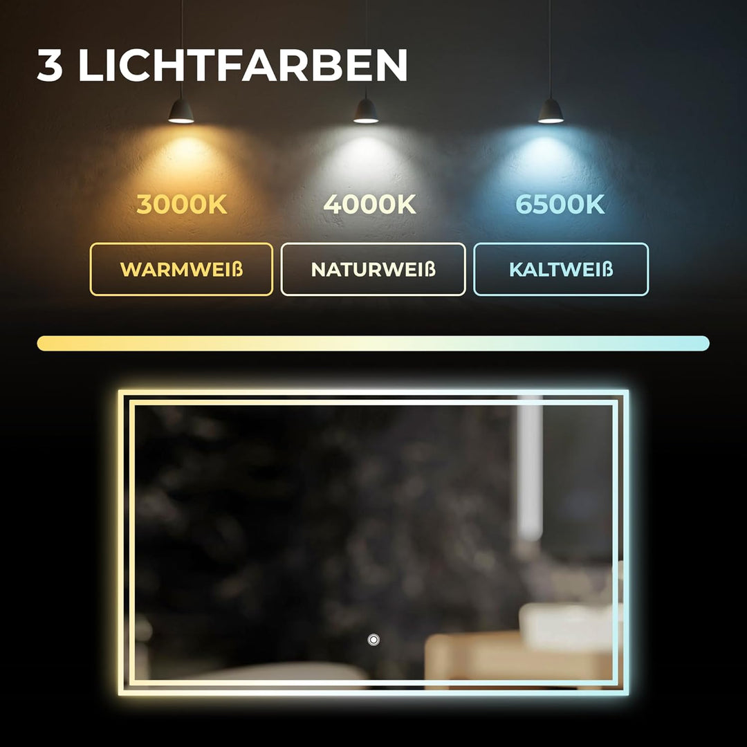 BR Bringer LED Badspiegel - 100x60 cm - Badezimmerspiegel mit Beleuchtung und Anti-Beschlag Funktion