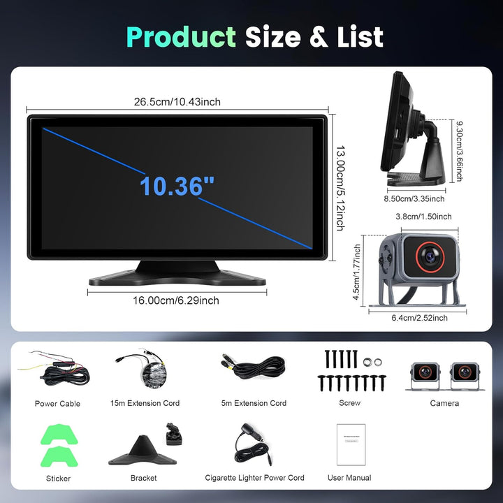 Hodozzy Rückfahrkamera Monitor 2 Kameras Wireless Carplay Android Auto,10,36 Zoll HD IPS Touch Scree