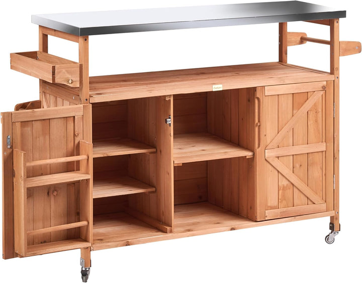 Beliani Outdoor Kücheninsel Tannenholz Edelstahl Hellbraun Rollen 128x47x85 cm Scanno
