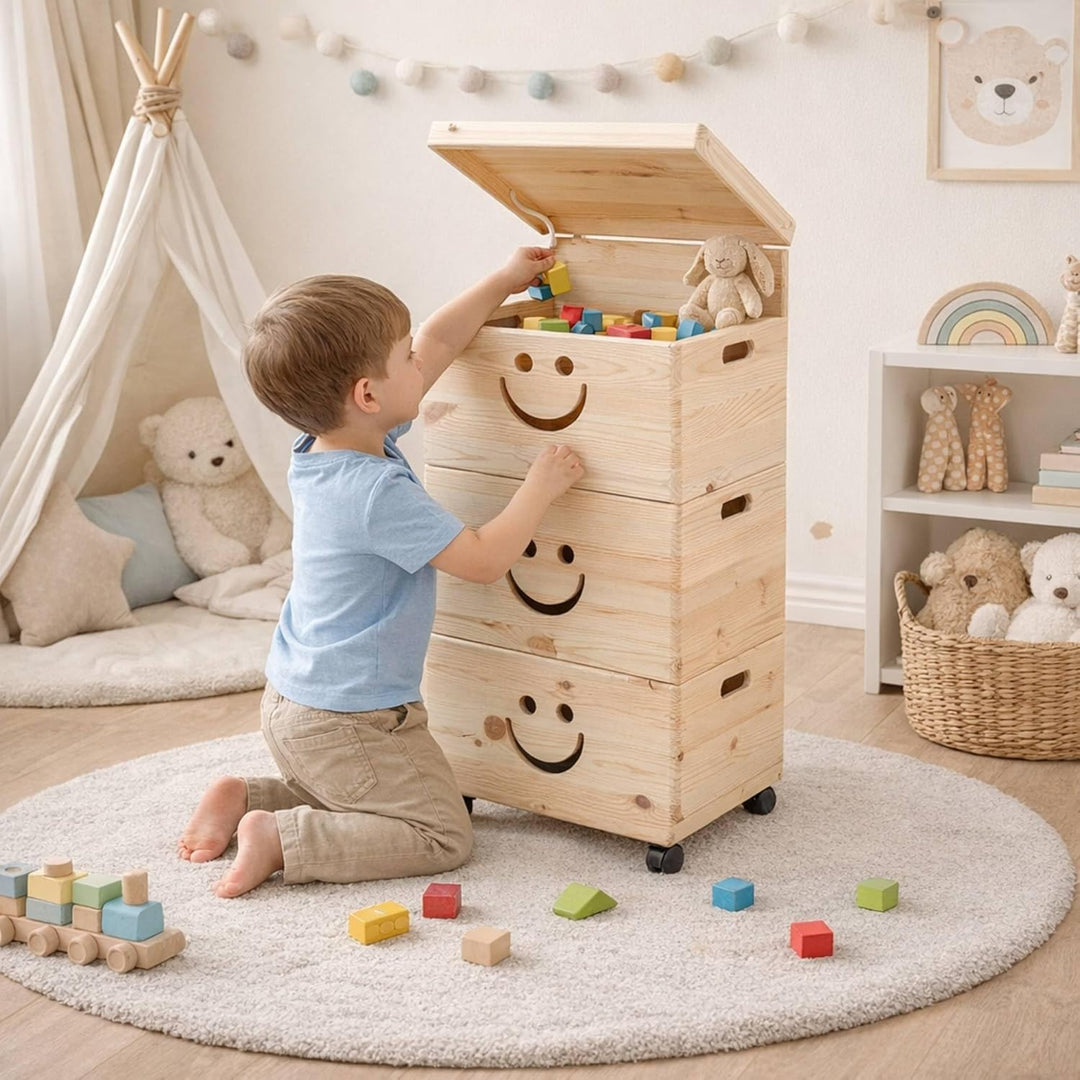 Pinus - Spielzeugkiste Holz mit Deckel 3-in-1, Spielzeug Aufbewahrung Lächeln, 39x30x74 cm, Aufbewah