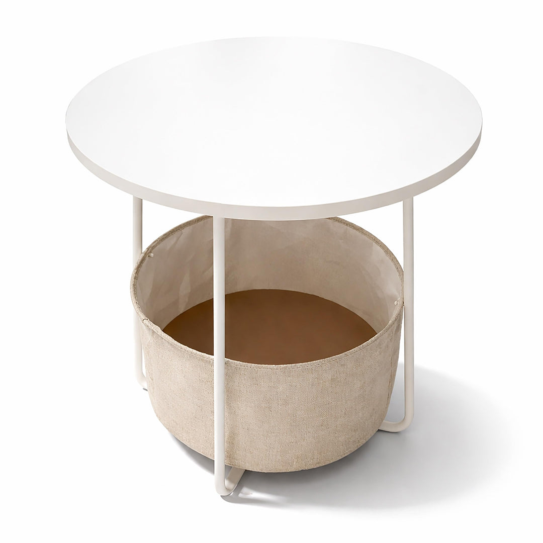 Relaxdays Beistelltisch, runder Couchtisch, mit Stoffkorb, HD 50x45 cm, Kaffeetisch Wohnzimmer, MDF