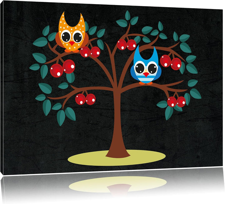 Pixxprint Niedliche Eulen auf Kirschbaum als Leinwandbild/Grösse: 100x70 / Wandbild/Kunstdruck/ferti