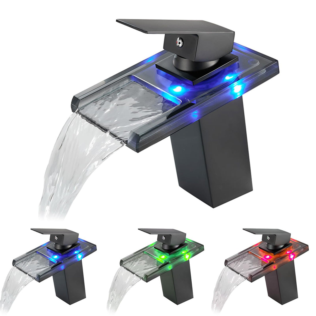 KEOKBON LED Lichter Bad Wasserhahn Schwarz, Farbtemperatur Wasserfall Waschtischarmatur, Waschtischb