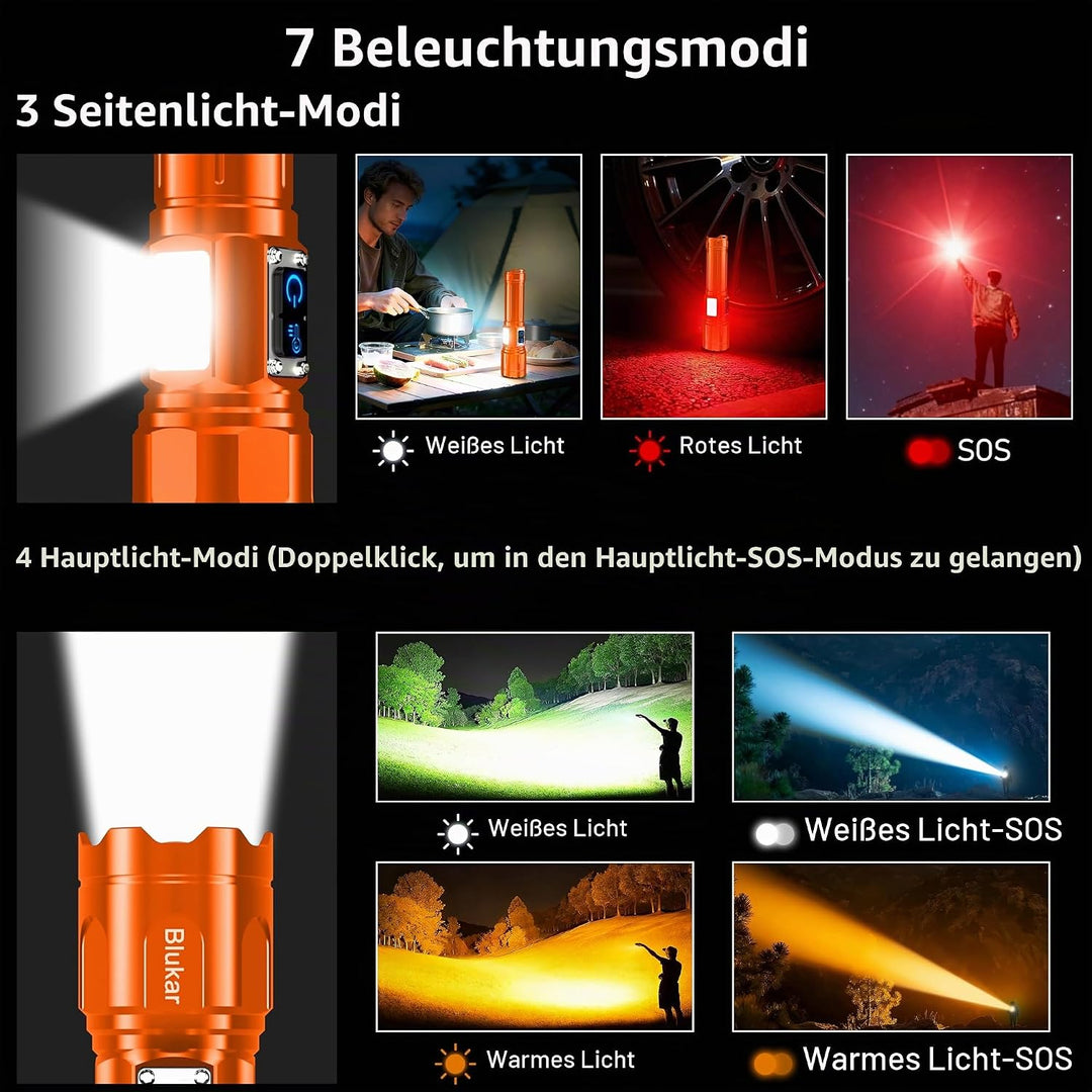 Blukar Taschenlampe LED 2 Farbtemperatur mit Hauptlicht &amp; Seitlich COB-Licht, Aufladbar Extrem Hell