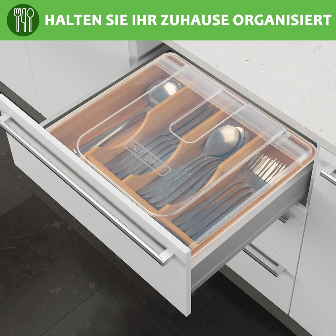HIMAugbo Besteckkasten Mit Deckel für Schubladen aus Bambus, Besteckeinsatz fur Küchen für Löffel, G