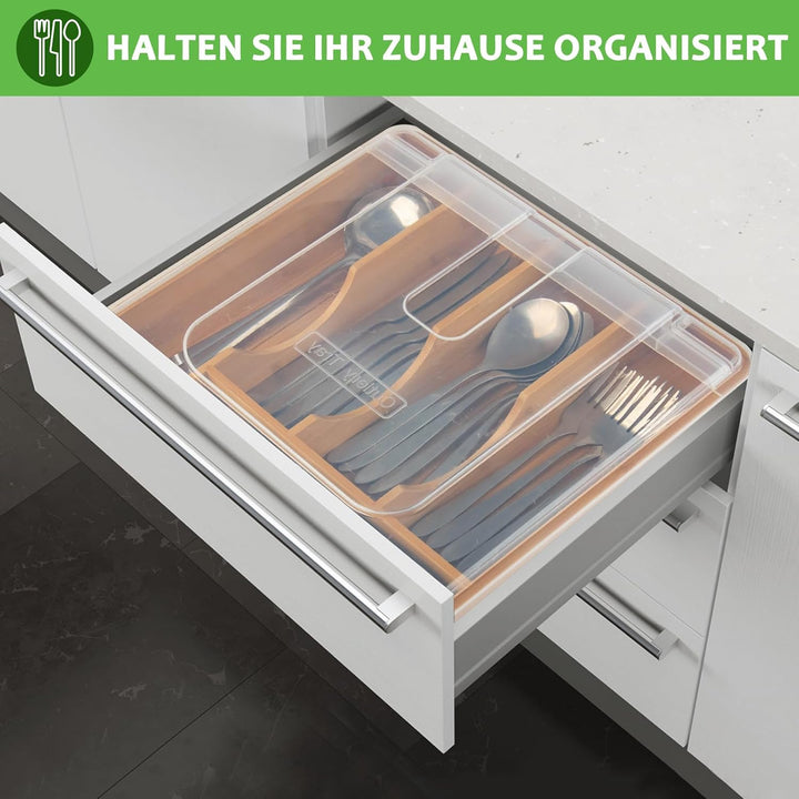 HIMAugbo Besteckkasten Mit Deckel für Schubladen aus Bambus, Besteckeinsatz fur Küchen für Löffel, G