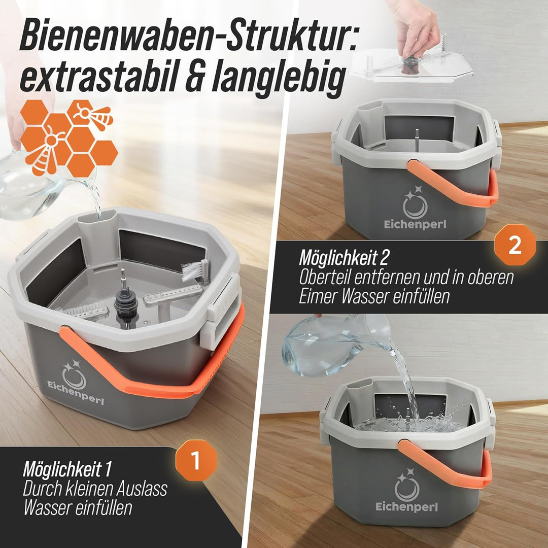 Wischmopp Set mit Eimer, 2-Kammer Wischsystem mit Auswringfunktion, Frisch- & Schmutzwasser Trennung