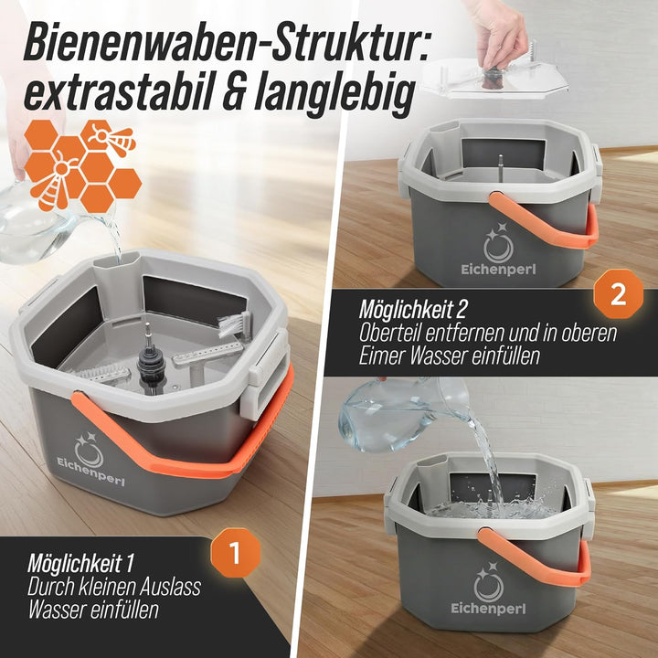 Wischmopp Set mit Eimer, 2-Kammer Wischsystem mit Auswringfunktion, Frisch- & Schmutzwasser Trennung