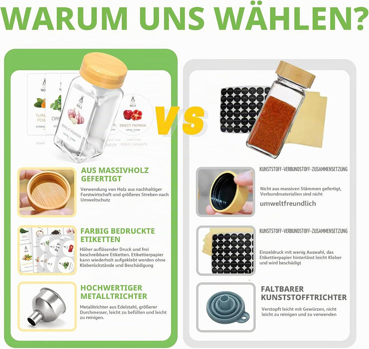 24-tlg. Gewürzgläser Set mit Bambusdeckel, Eckige &amp; Luftigdicht, Inkl. Etiketten, Trichter &amp; Bürste,