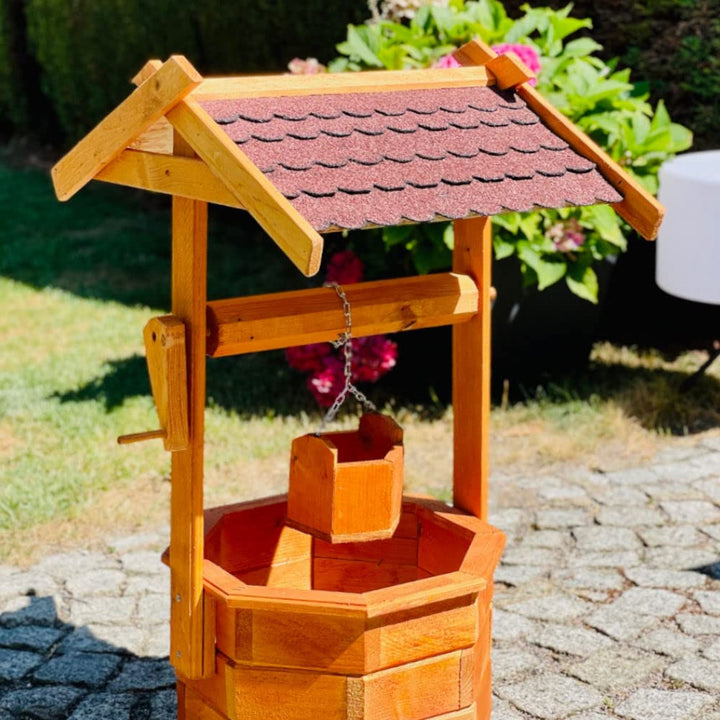 Grosser Handgefertigter Garten-Deko-Achteck-Brunnen aus Holz Braun/Grün Höhe 84 cm für den Garten/Ou