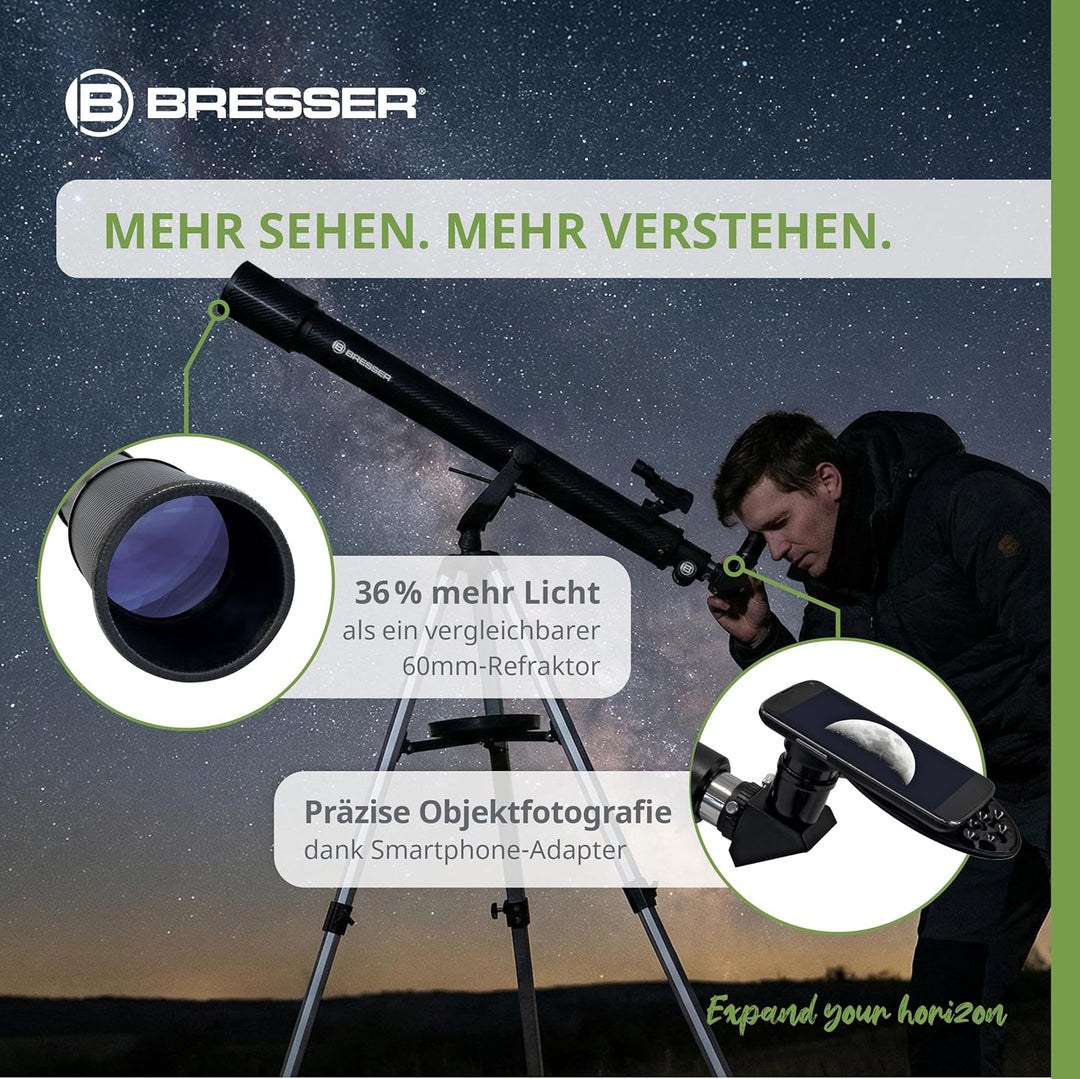 Bresser Einsteiger Linsen-Teleskop Sirius 70/900 AZ mit Smartphone-Adapter, Sonnenfilter, Stativ &amp; Z