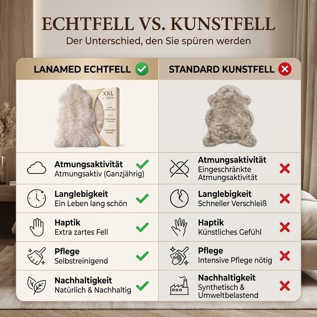 Premium Lammfell Schaffell von LANABEST. Echtes Fell mit ganz zarter Wolle. Kuschelfell, geruchsarm,