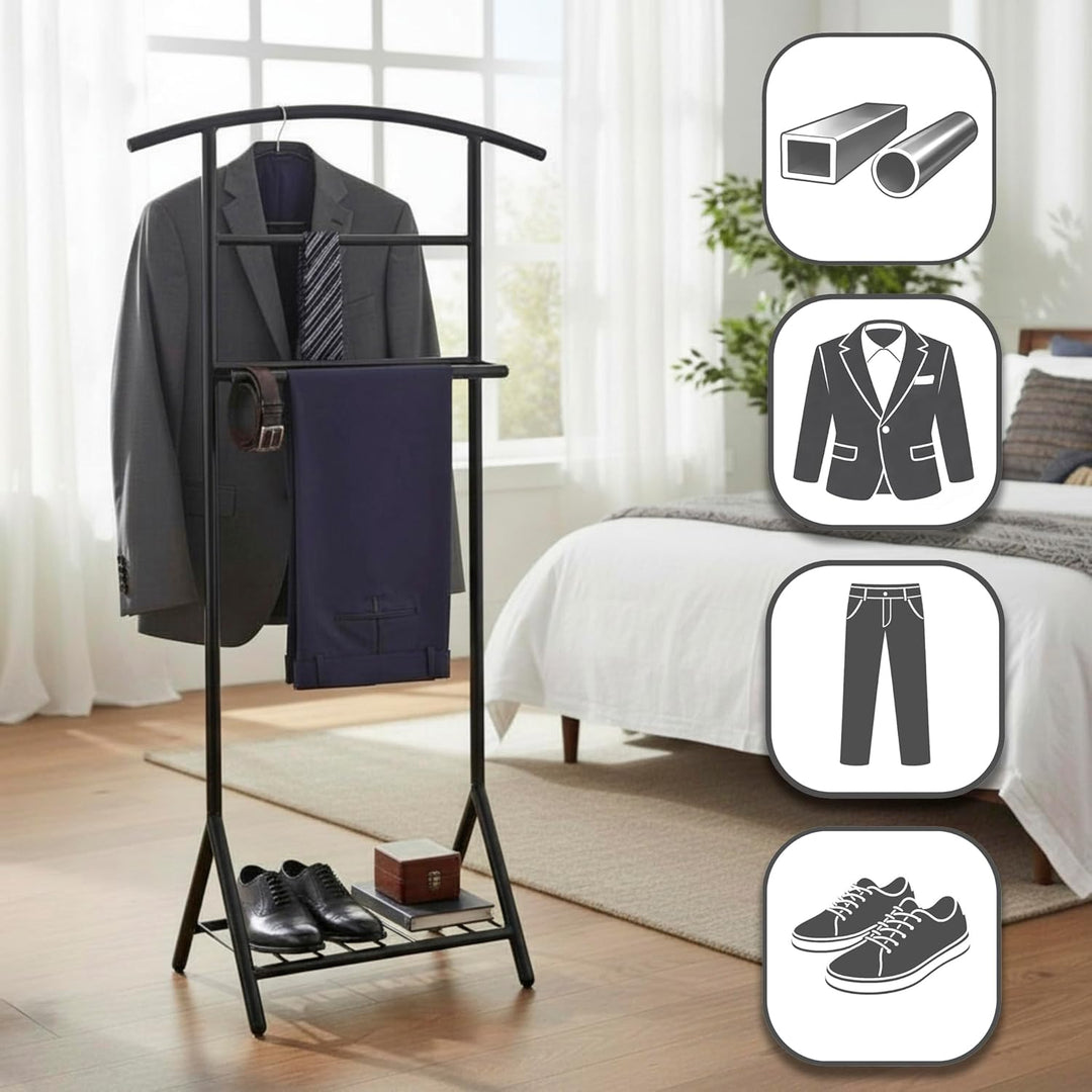 HAKU Herrendiener mit Schuhablage für Schlafzimmer und Bad Stummer Diener Kleiderbutler schwarz Meta