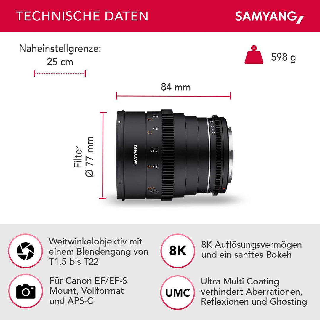 Samyang MF 24mm T1,5 VDSLR MK2 für Canon EF – lichtstarkes T1,5 Weitwinkel Cine-und Videoobjektiv fü