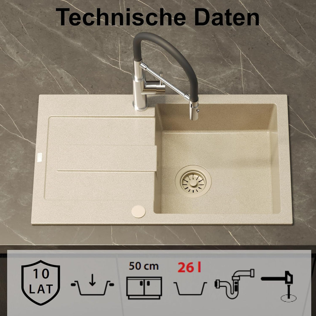 QUADRON | CHRISTIAN 111 | Granitspüle | 1-Becken-Einbau | Abmessung: 78 x 45 x 18,5 cm | Schrankunte