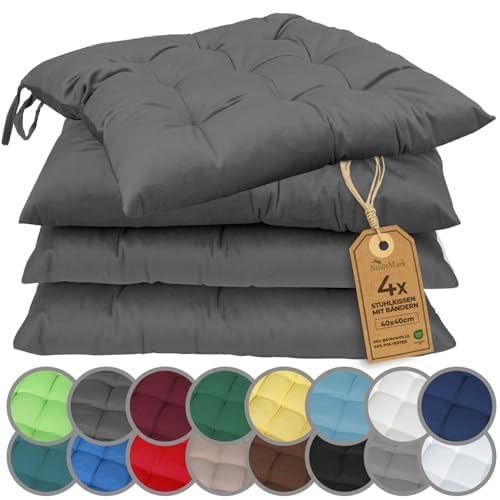 NatureMark 4er Set Stuhlkissen mit Bändern 40x40 cm – Gefüllte Sitzkissen, Outdoor & Indoor – Anthra