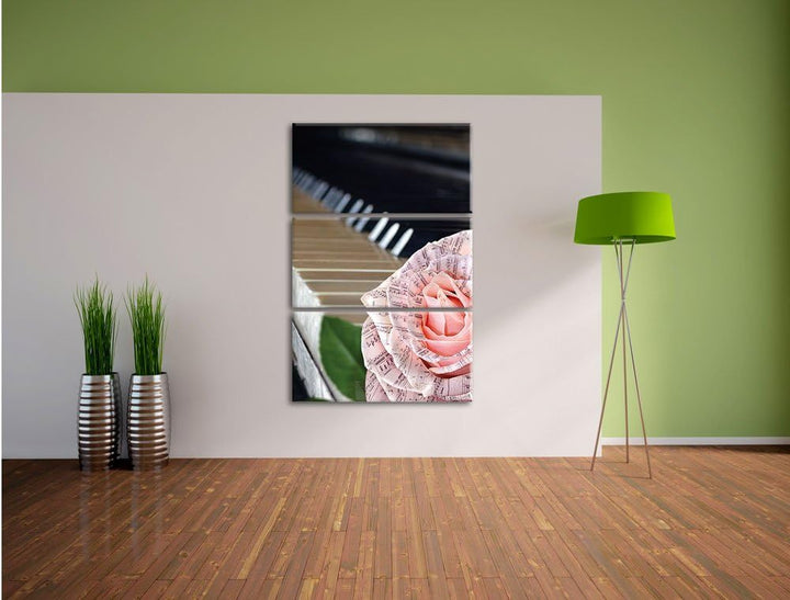 Pixxprint Noten auf zarter Rose neben Klavier 3-Teiler Leinwandbild 120x80 Bild auf Leinwand