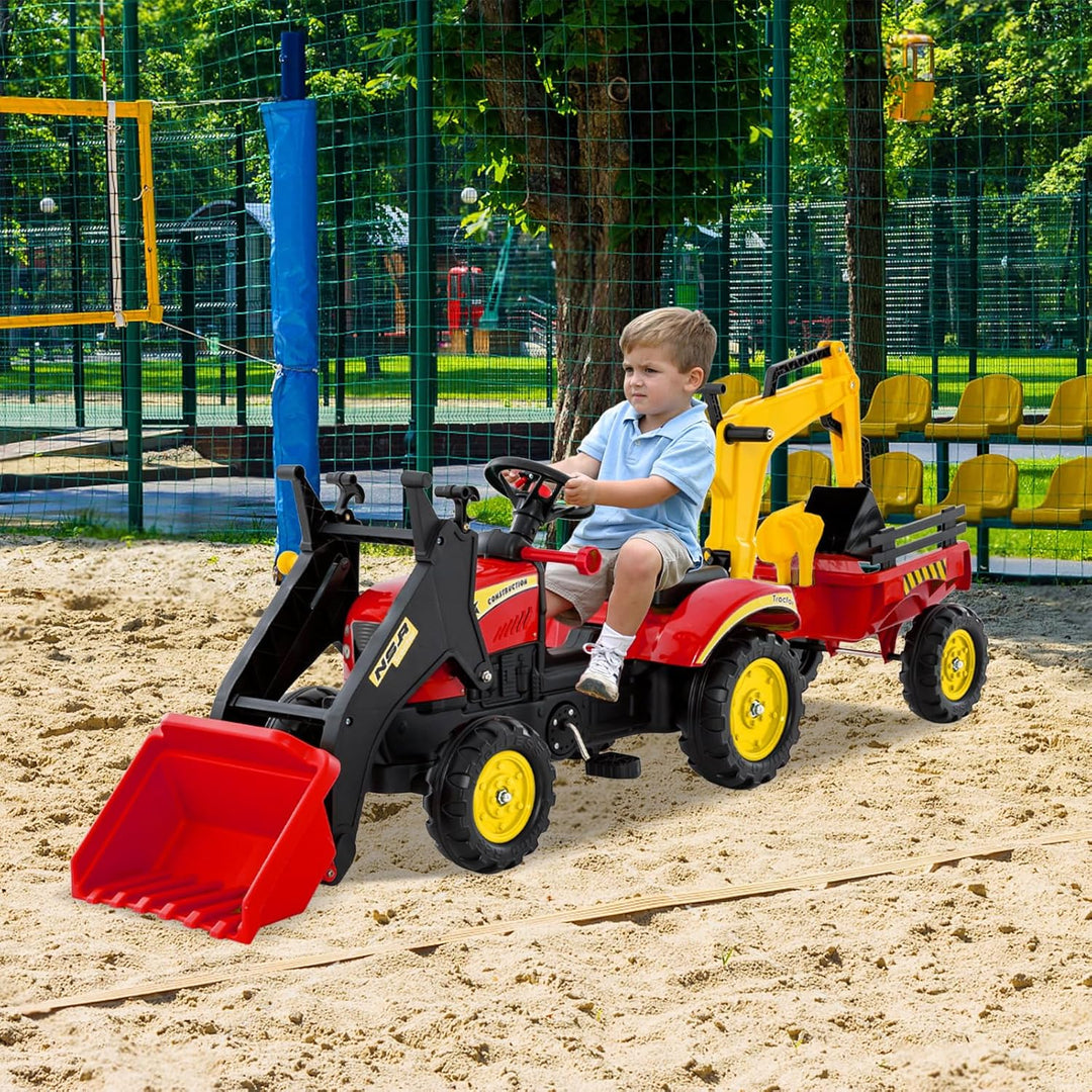 COSTWAY Trettraktor, Kinder Traktor mit Abnehmbarer Anhänger & Grabschaufel, Kindertraktor bis 35 kg