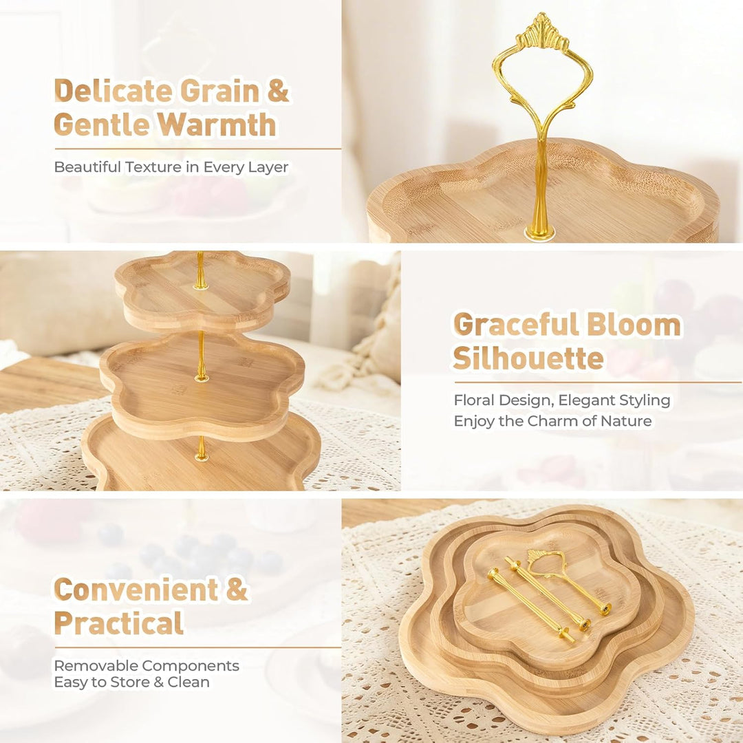 DUJUST Eleganter Holz-Cupcake-Ständer mit 3 Ebenen und Blumenform-Design, Bambus-Etagere für Cupcake