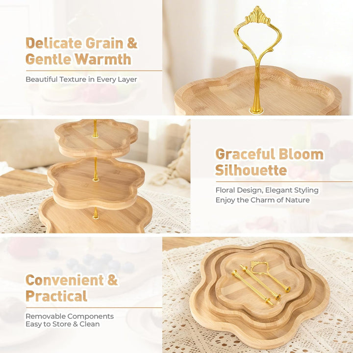 DUJUST Eleganter Holz-Cupcake-Ständer mit 3 Ebenen und Blumenform-Design, Bambus-Etagere für Cupcake