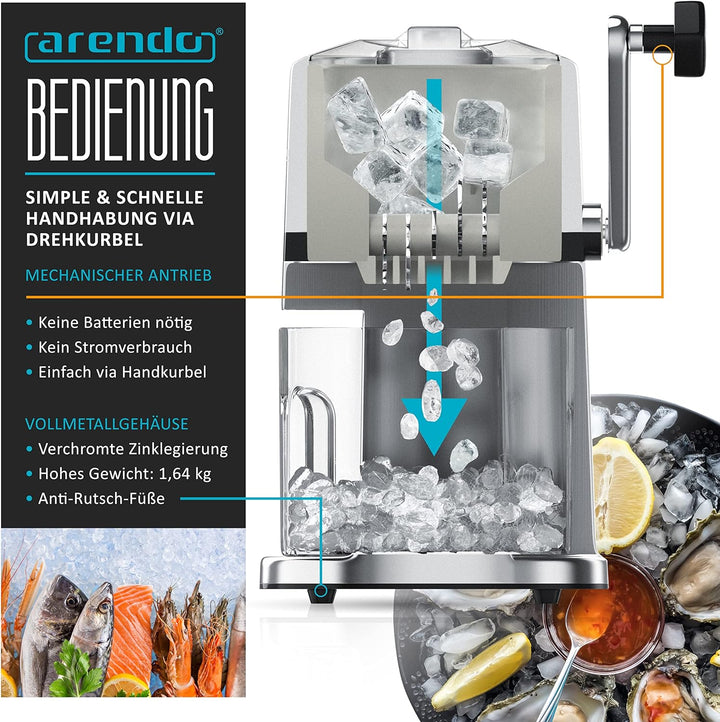 Arendo - Ice Crusher Edelstahl 1,1 L manuell – Eiszerkleinerer – Eiscrusher zum Kühlen und Frischhal