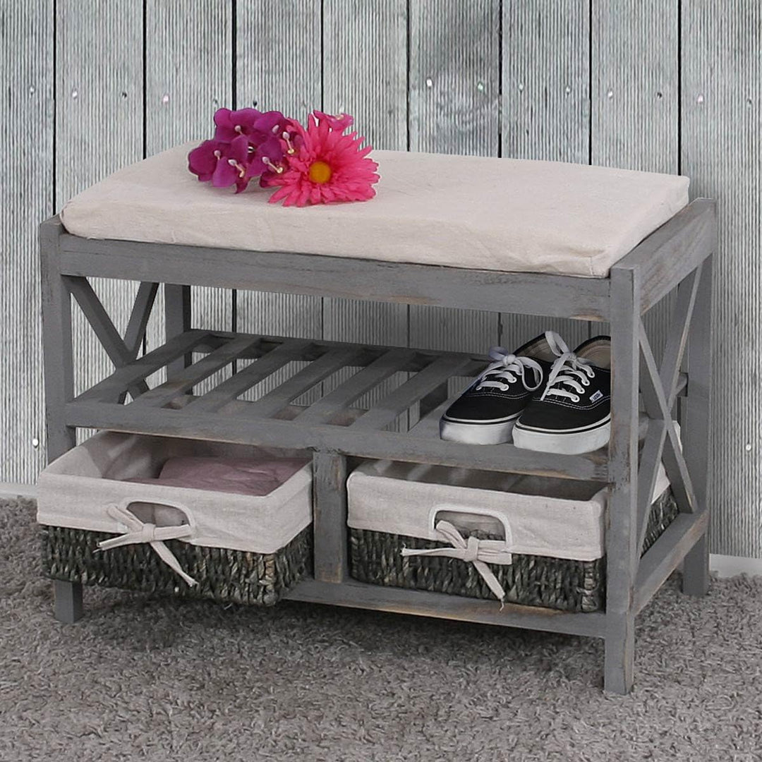 Mendler Schuhregal HWC-C48, Sitzbank Schuhablage, Shabby-Look Vintage 45x65x34cm - grau, Grau