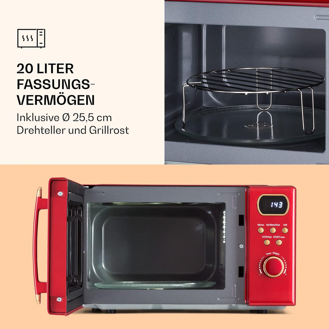 Klarstein Mikrowelle mit Grill, 800 Watt Mikrowelle Klein, 3-in-1Edelstahl-Mikrowelle Rot, Kleine 20