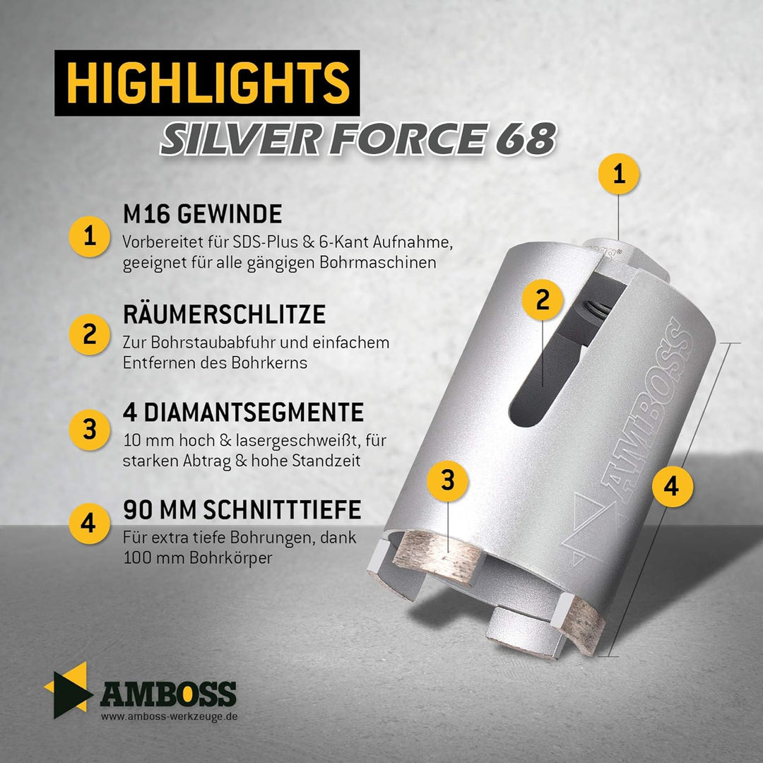 Diamant Dosensenker Ø 68 mm / M16 / Seitenschlitz / 90mm Nutzlänge - Amboss Silver Force Premium für