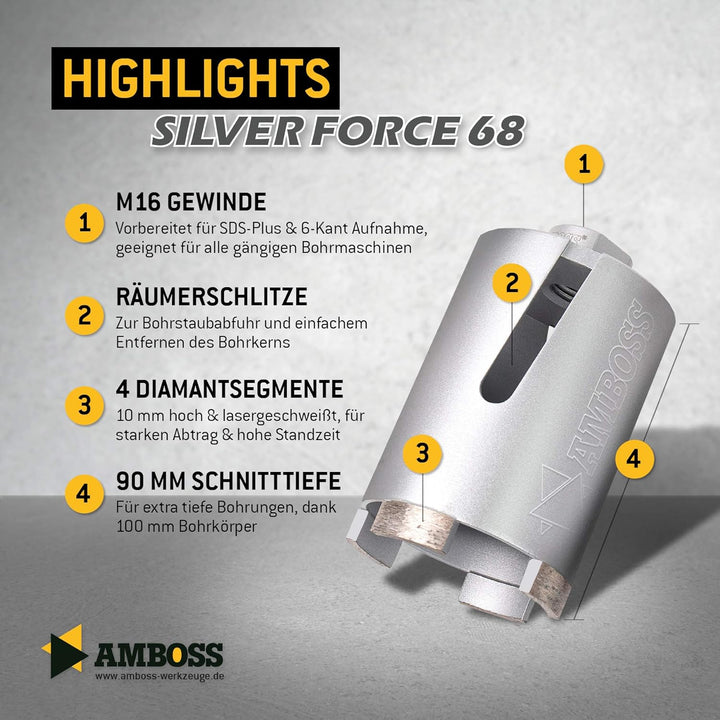 Diamant Dosensenker Ø 68 mm / M16 / Seitenschlitz / 90mm Nutzlänge - Amboss Silver Force Premium für