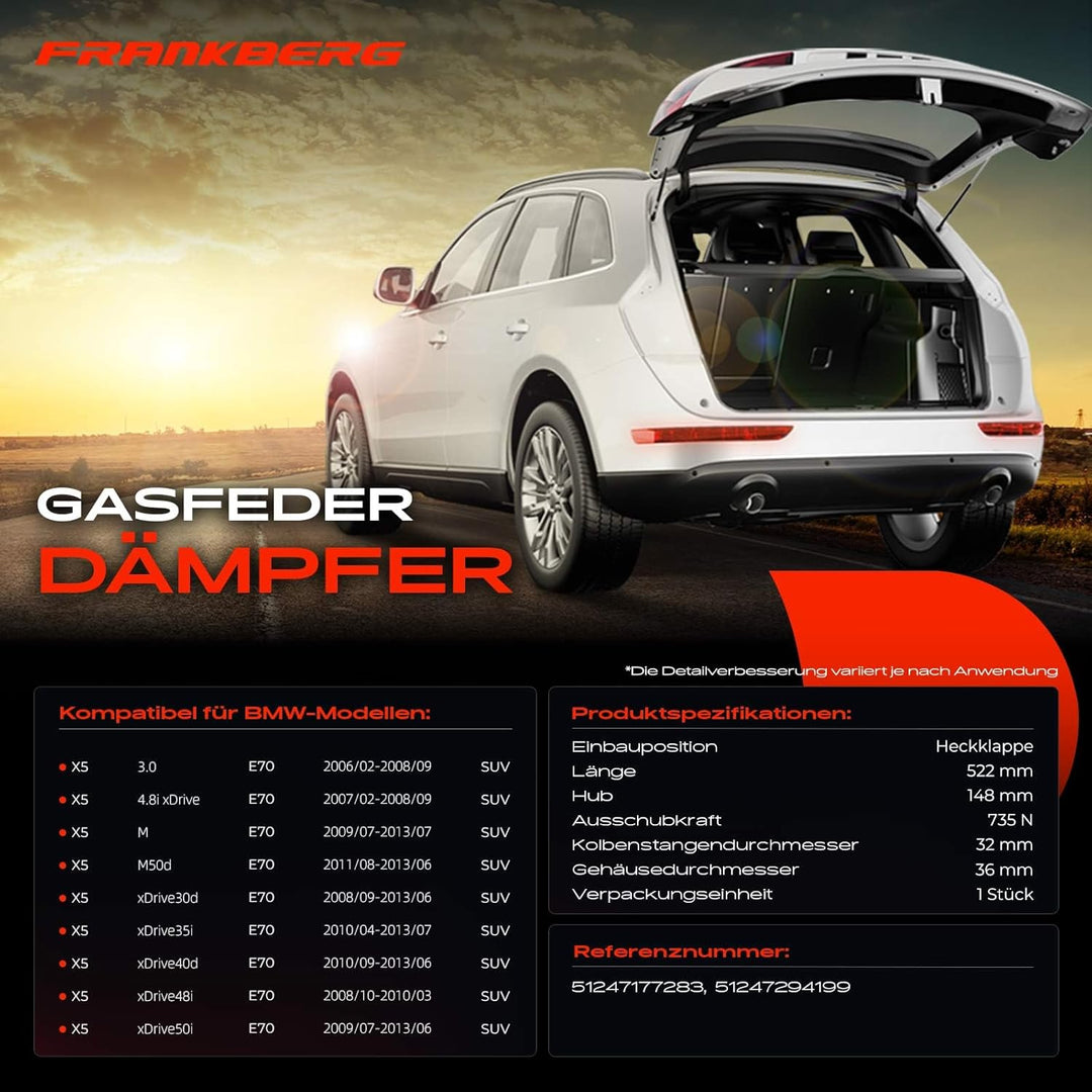 Frankberg 1x Gasfeder Dämpfer Heckklappe Links oder Rechts Kompatibel mit X5 E70 SUV 2006-2013 Repla