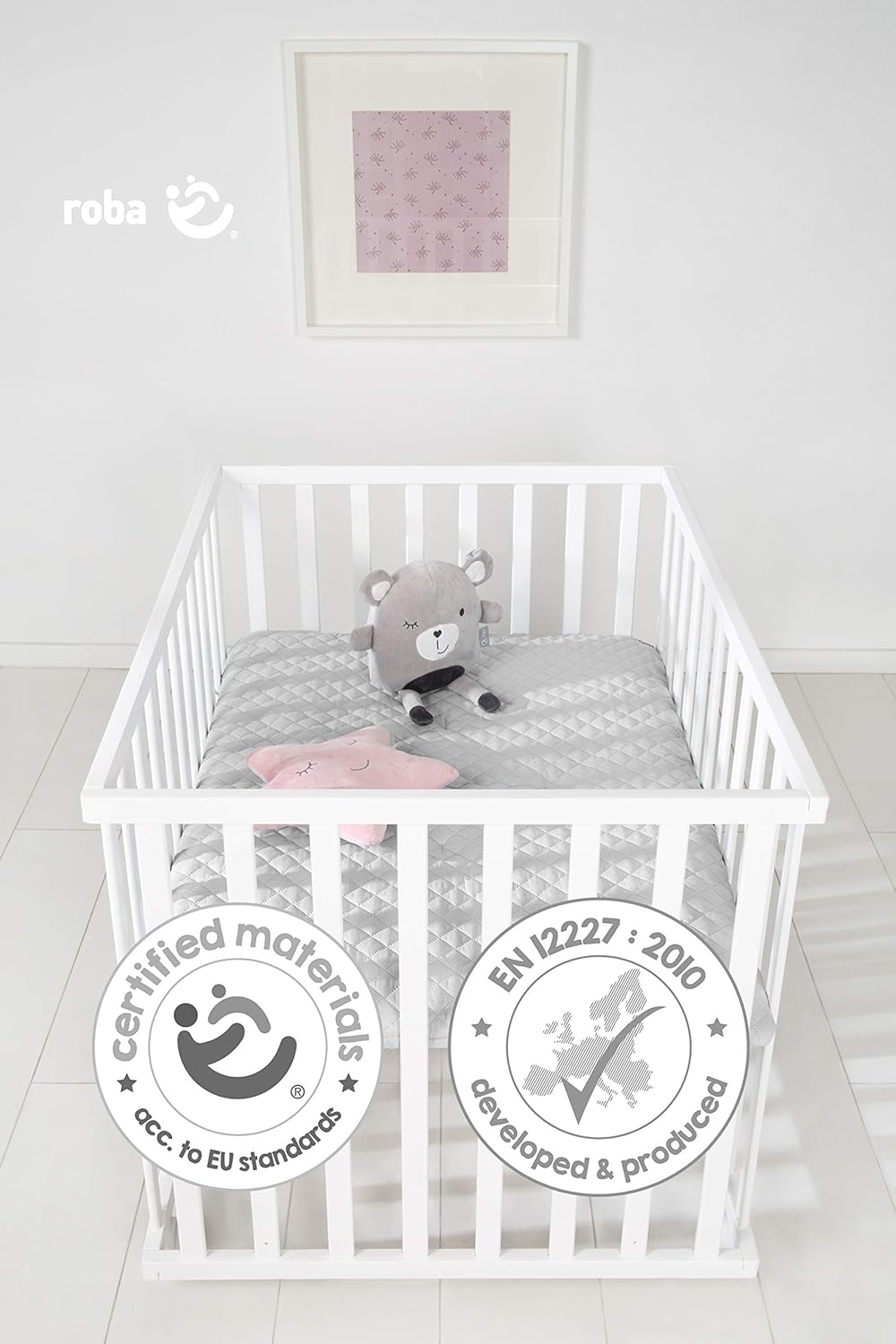 roba Laufgitter 75 x 100 cm - Baby Spielgitter + Einlage roba Style grau - 3-fach höhenverstellbar -