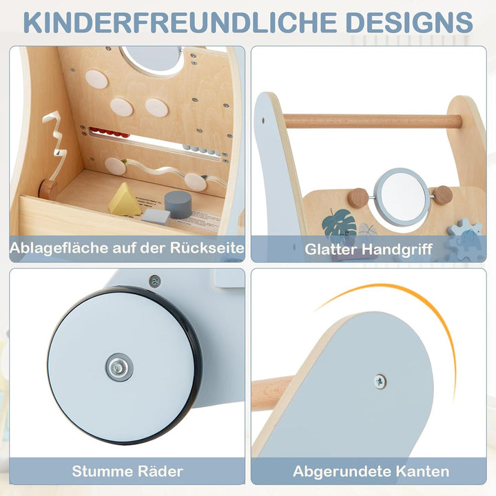 DREAMADE Lauflernwagen Holz, Baby Lauflernhilfe mit Spiegel & Spielzeug, Gehfrei Baby Holzspielzeug
