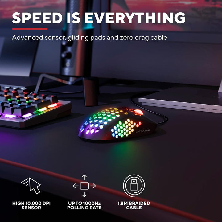 Trust Gaming GXT 960 Graphin Leichte RGB Gaming Maus, 74 g, 200-10.000 DPI, Einstellbare Pollrate bi