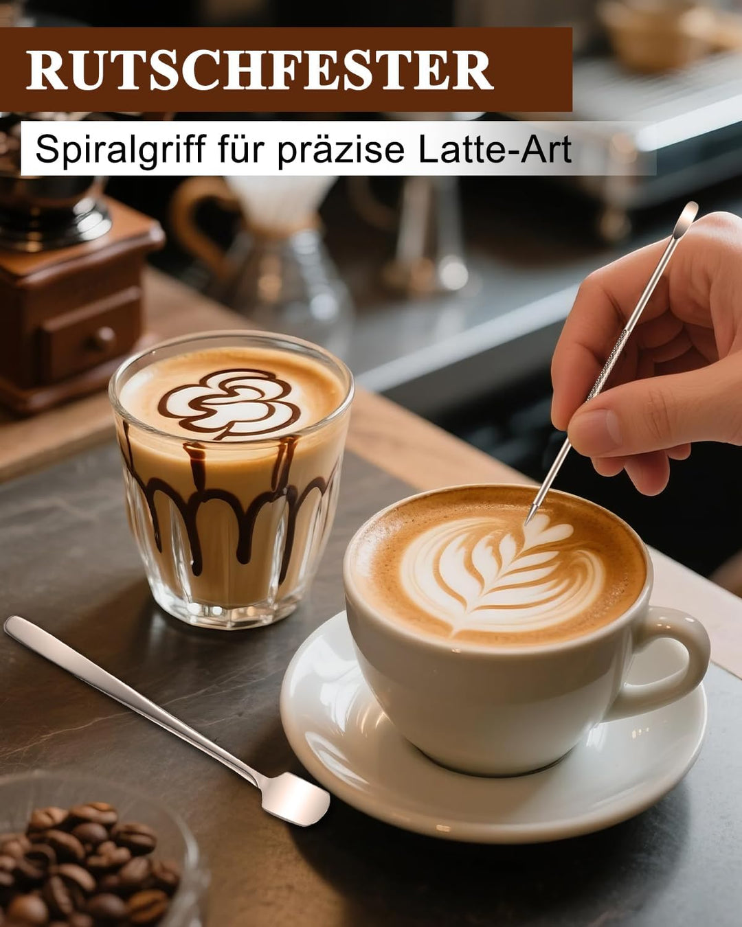 Haliya Espresso Tamper Set 51 mm, 350ml Milchkännchen mit Skala, Latte Art Stift & Löffel, Holz Dist