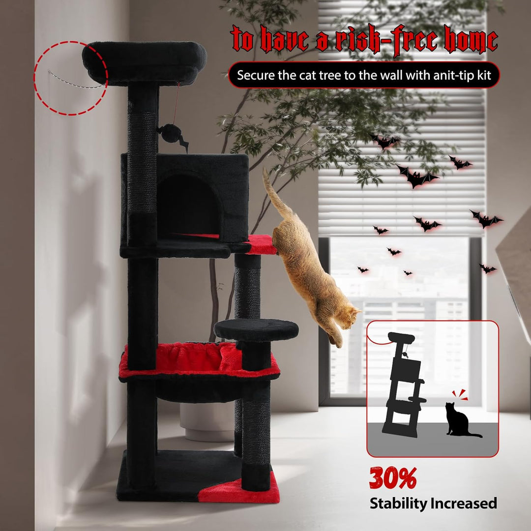 PAWZ Road Katzenbaum 116cm Gothic Halloween Edition, Schwarzer Kratzbaum mit Metall-Plüsch-Hängematt
