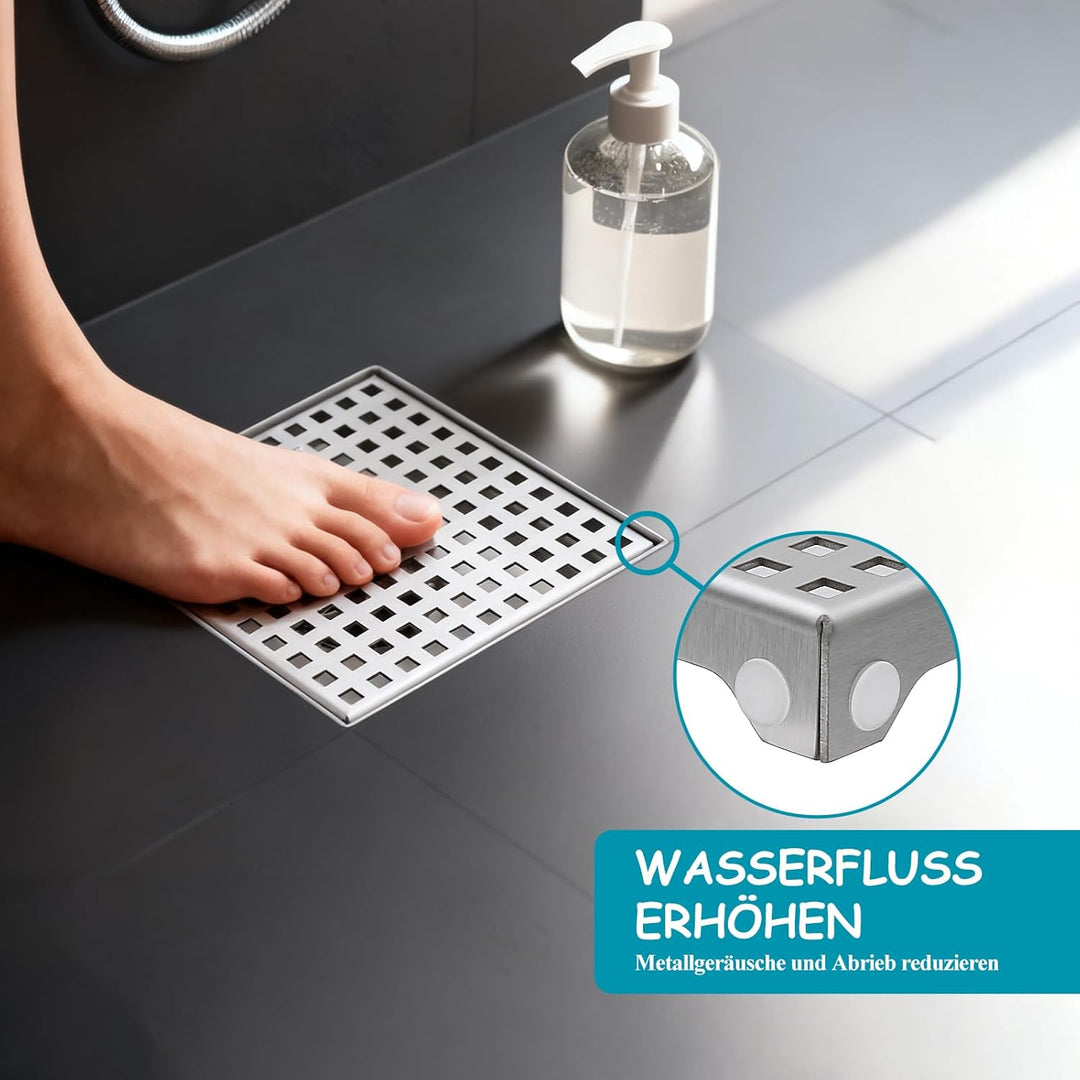 150 x 150 mm Bodenablauf Dusche Edelstahl Duschrinne mit 360° Siphon, Geruchsverschluss, Haarsieb un