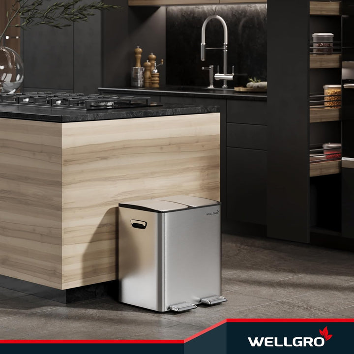 WELLGRO Mülleimer Küche 30 Liter – Edelstahl Treteimer 2x15 Liter silber mit Softclose-Deckel, Müllt