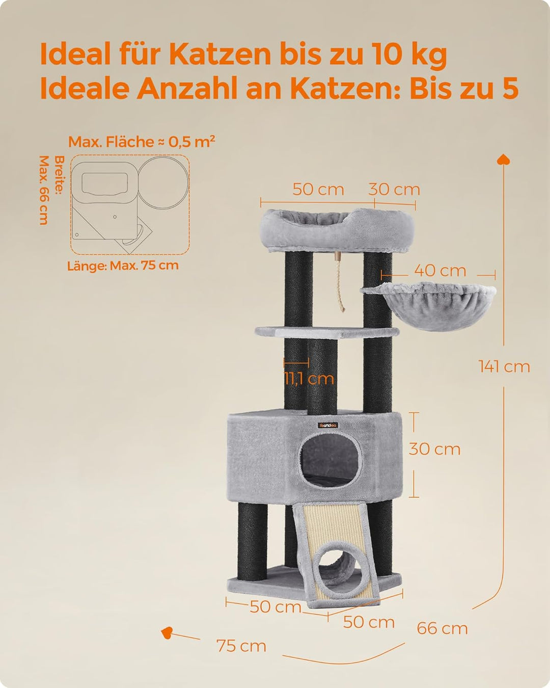 Feandrea Grosser Kratzbaum, M Katzenbaum, mit Höhle, Hängematte, Plüschplattform, Tunnel, Sisalstämm