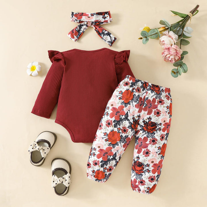 Neugeborenes Baby Mädchen Kleidung Kleinkind Gerippt Ruffle Lange Ärmel Strampler+ Floral Hosen+ Sti