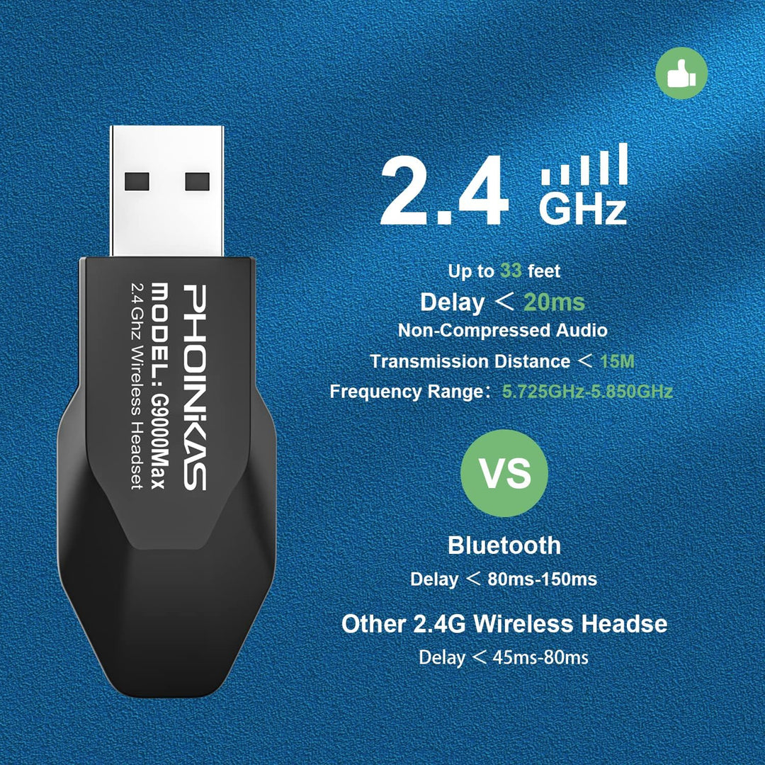 PHOINIKAS Gaming Headset Wireless, Kabellose Kopfhörer, für PS4/PS5/Switch/PC, 2,4GHz-Dongle und 3,5